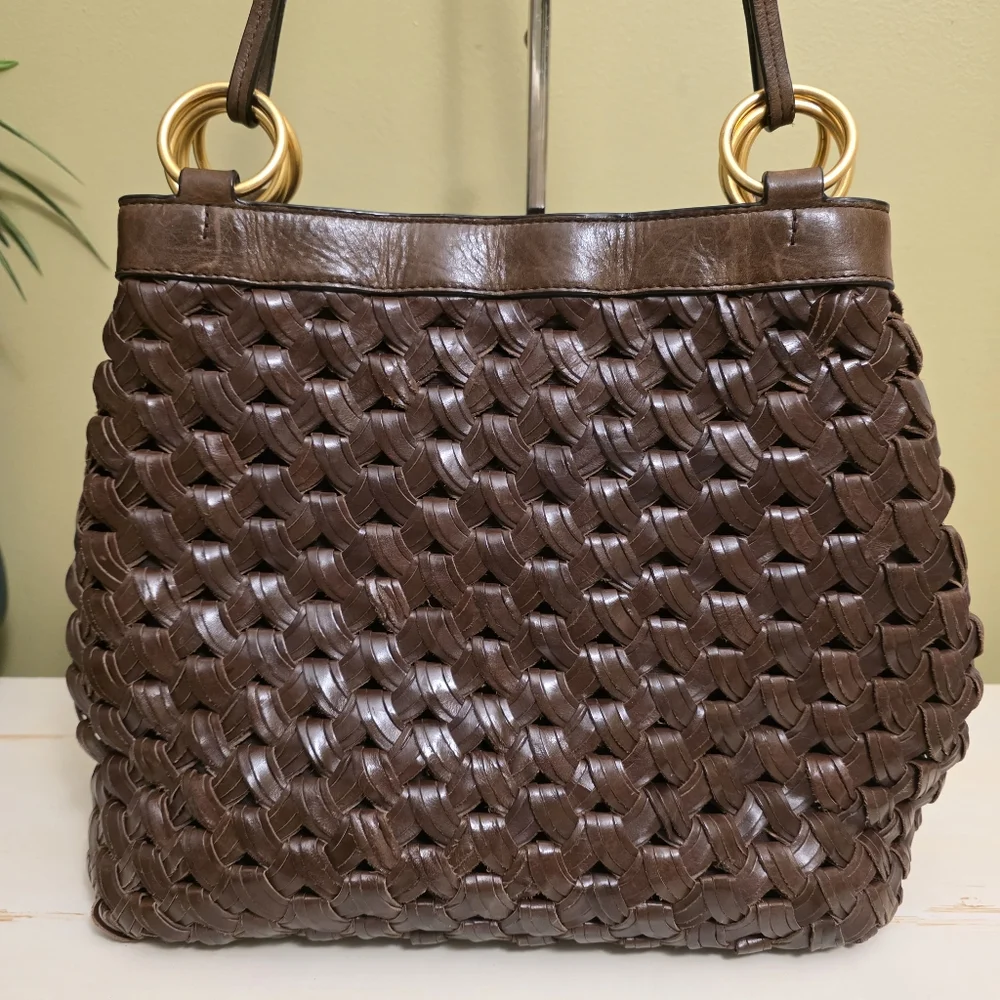 Tory Burch | Farrah Brown Woven Leather Shoulder Bag
